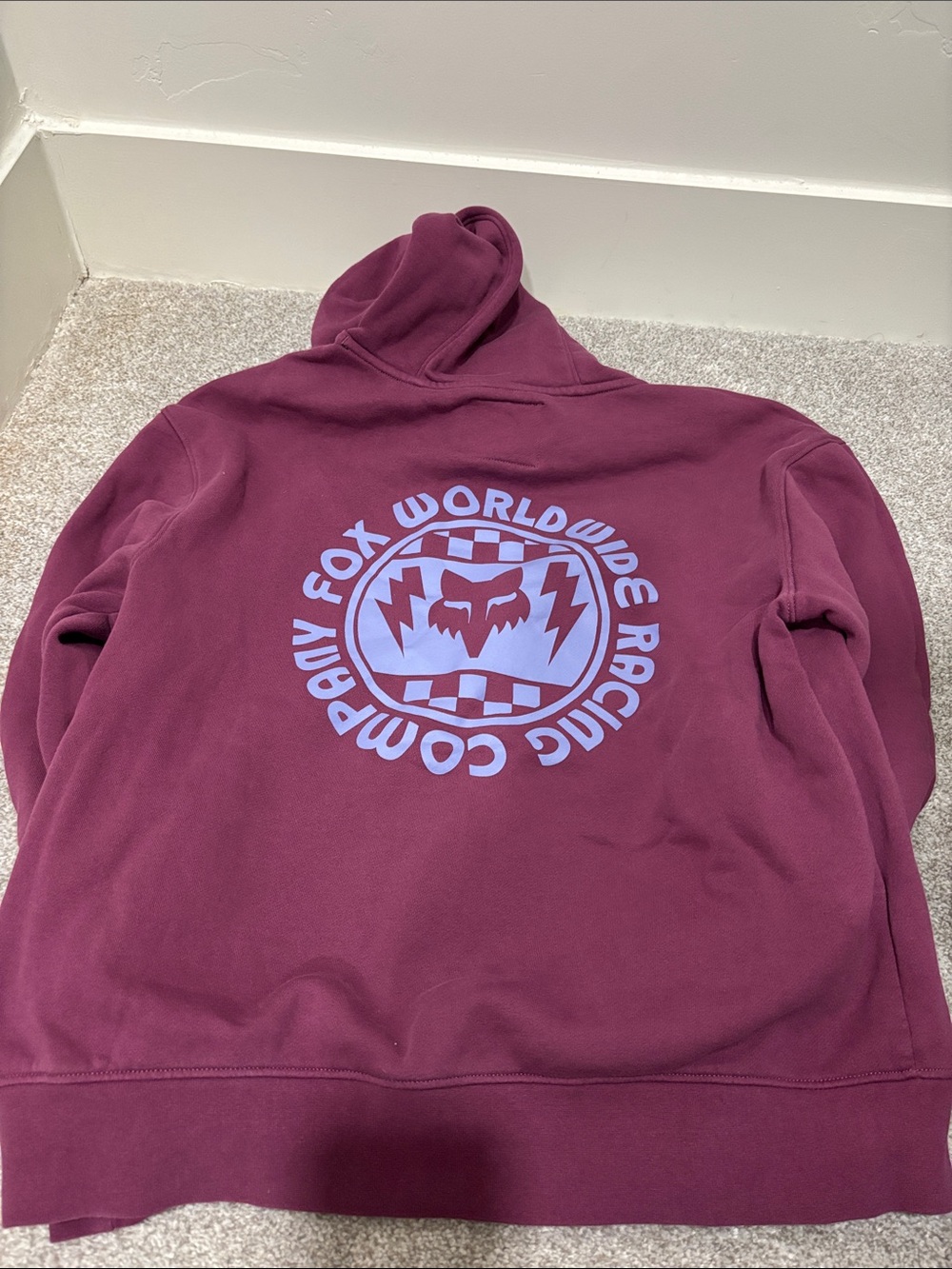 Fox Women’s Hoodie grape color with Light Blue Back Graphic